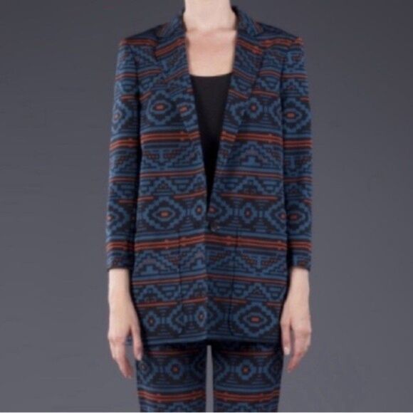 RARE Jenni Kayne | Aztec Ethnic Abstract Blue Blazer Pants Set Silk Blend XS 4 - Picture 2 of 15